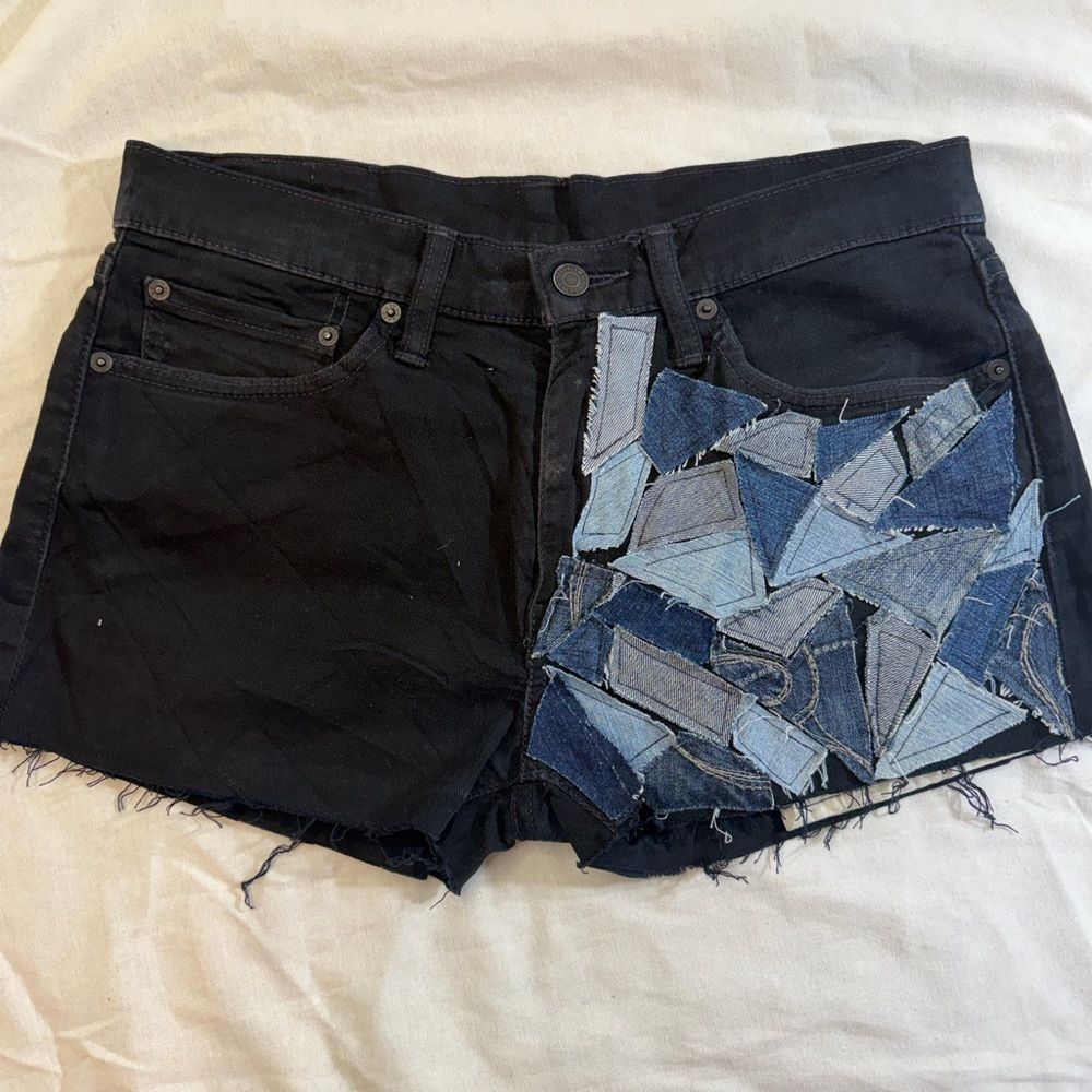 Vintage upcycled Levi's Black Denim Shorts with Blue Patchwork Detail Size 32